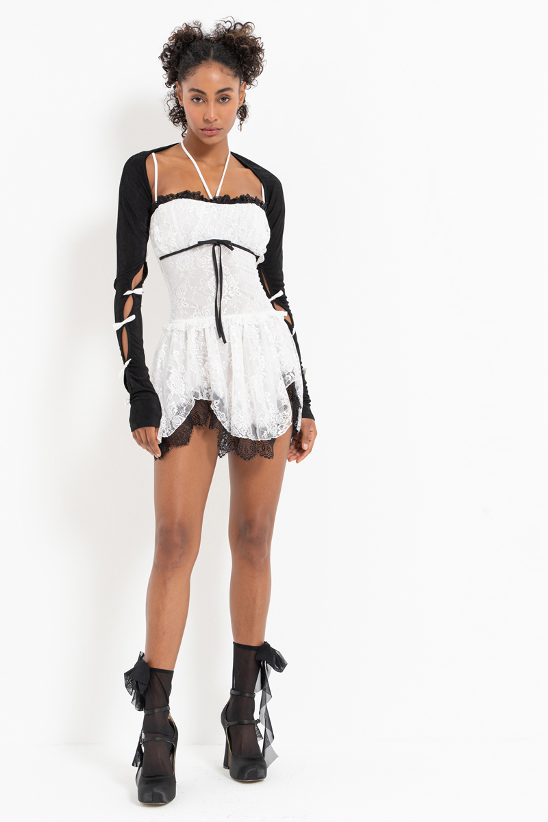 Black-Offwhite Cami Lace Dress & Bow-Accent Bolero Set