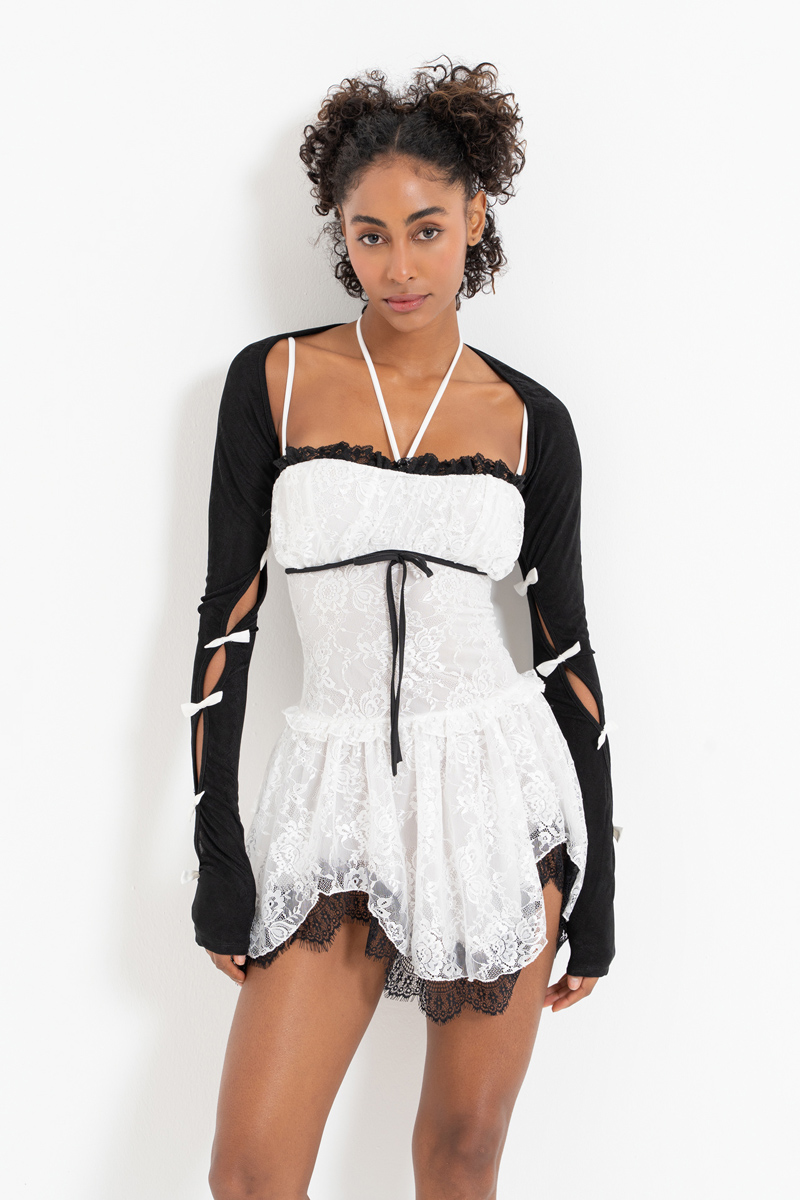 Wholesale Black-Offwhite Cami Lace Dress & Bow-Accent Bolero Set