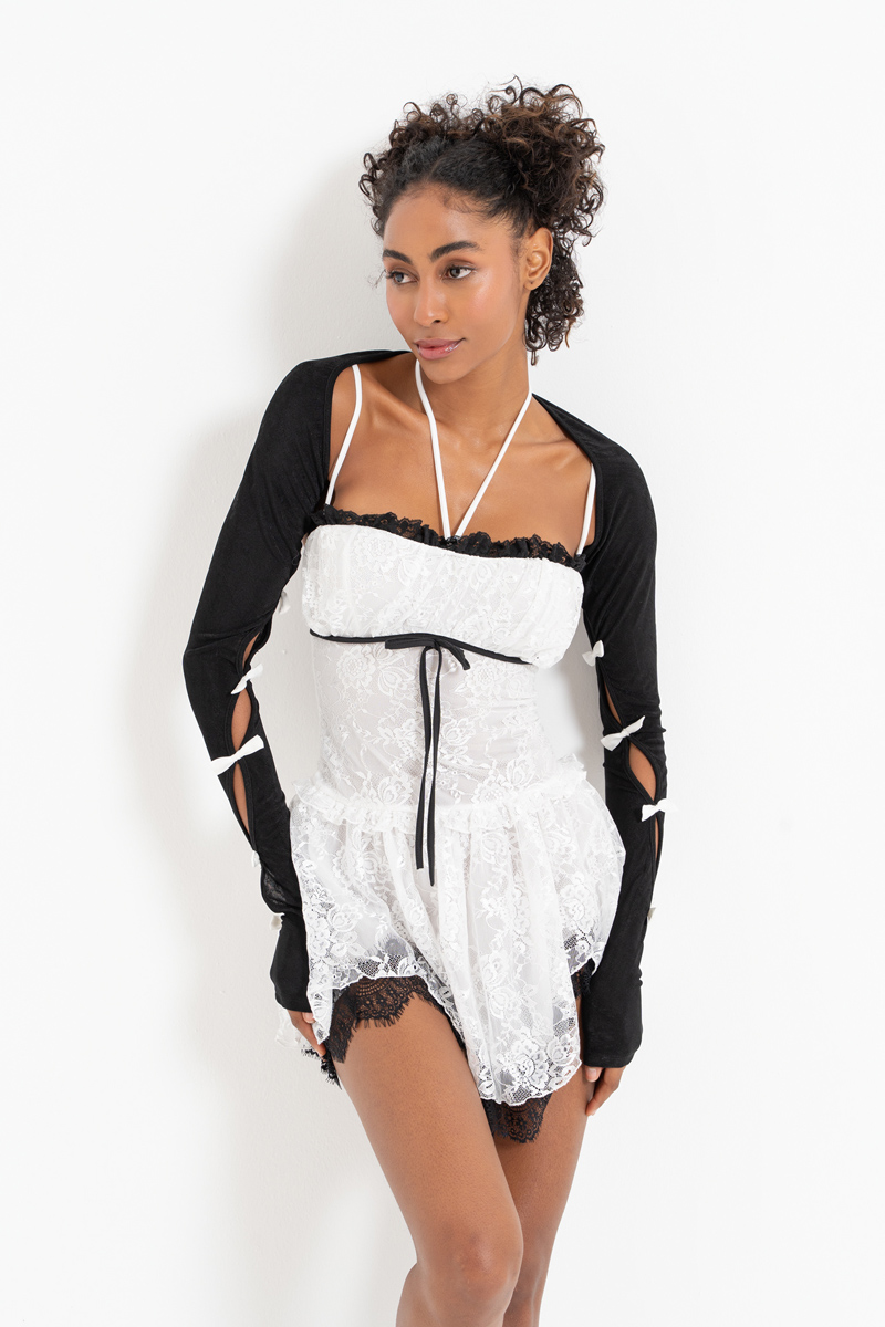 Wholesale Black-Offwhite Cami Lace Dress & Bow-Accent Bolero Set