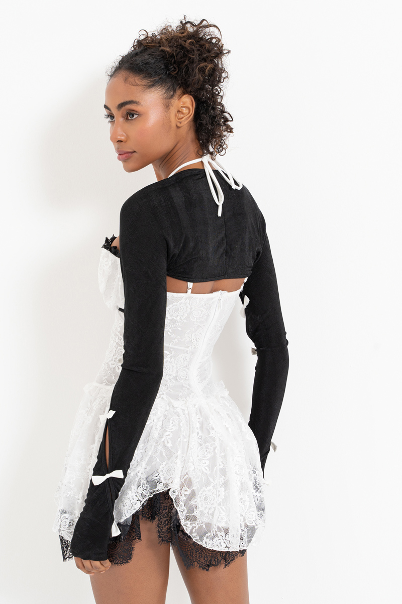 Toptan Siyah-Kirli Beyaz Askılı Dantel Elbise & Kurdele Detaylı Bolero Takım