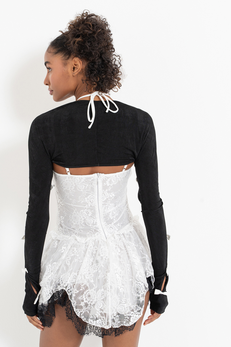 Toptan Siyah-Kirli Beyaz Askılı Dantel Elbise & Kurdele Detaylı Bolero Takım