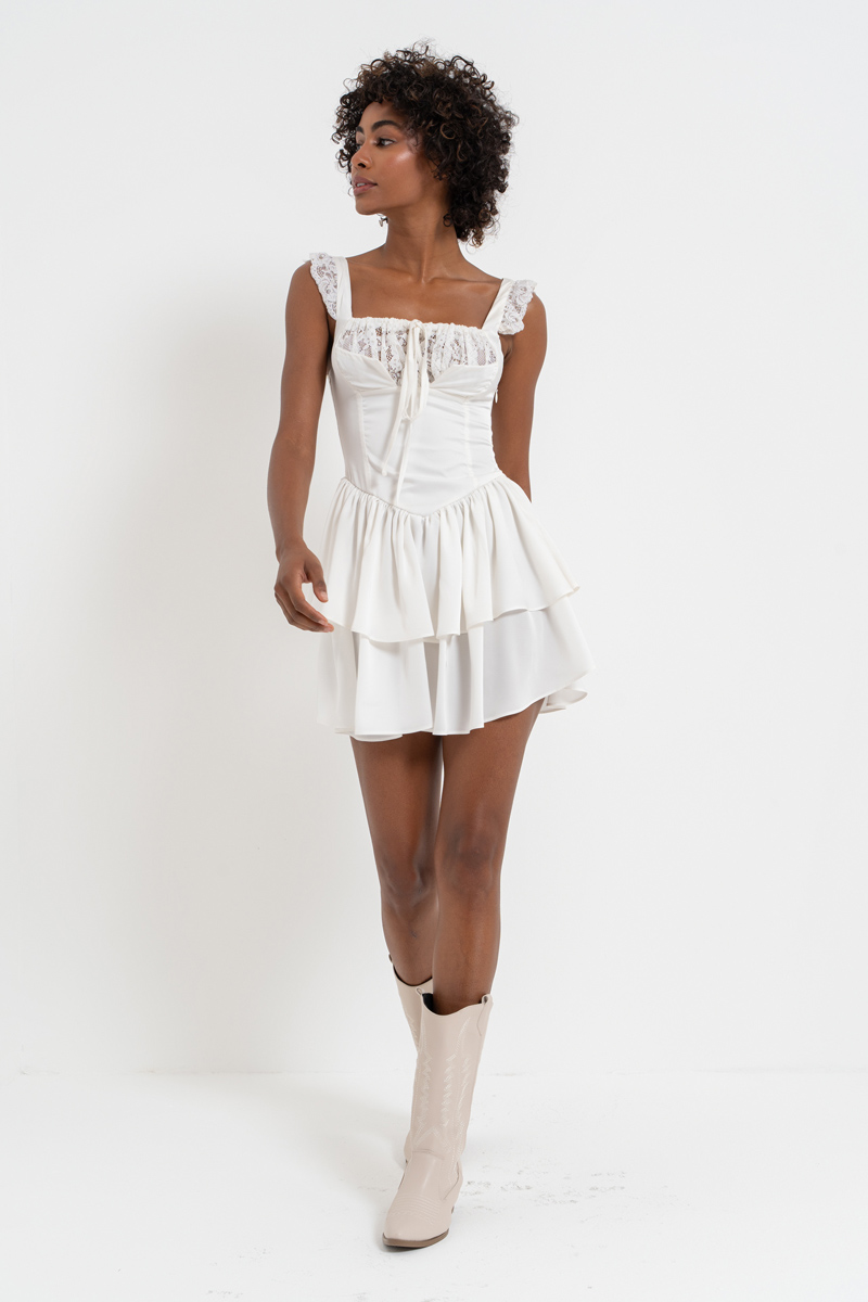 Offwhite Lace-Insert Satin Mini Dress