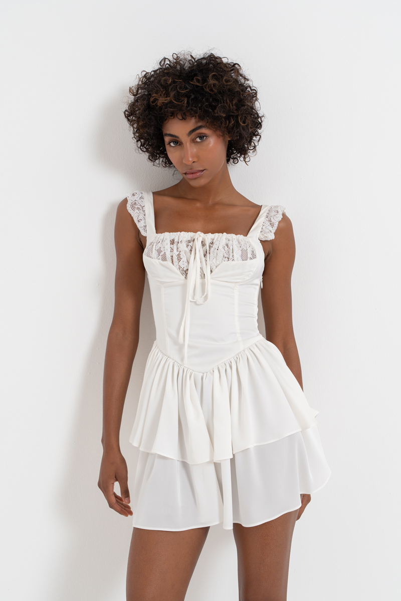 Offwhite Lace-Insert Satin Mini Dress