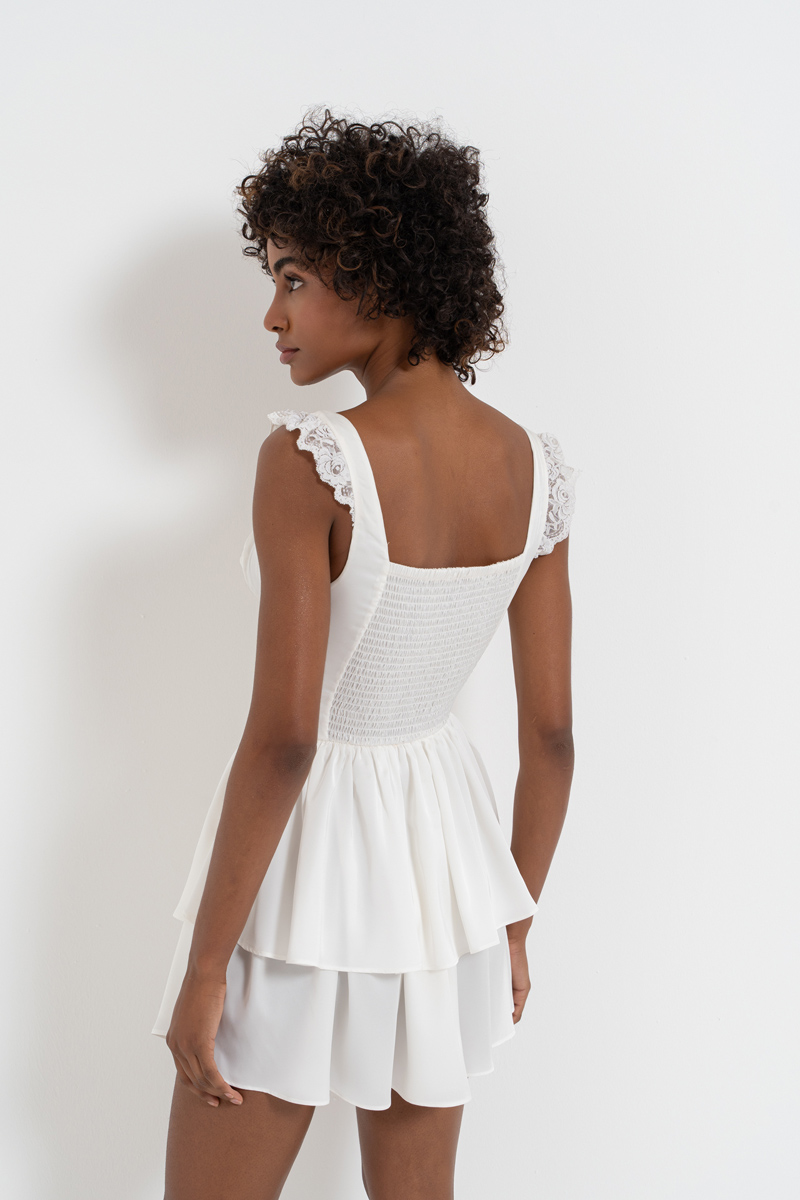 Offwhite Lace-Insert Satin Mini Dress