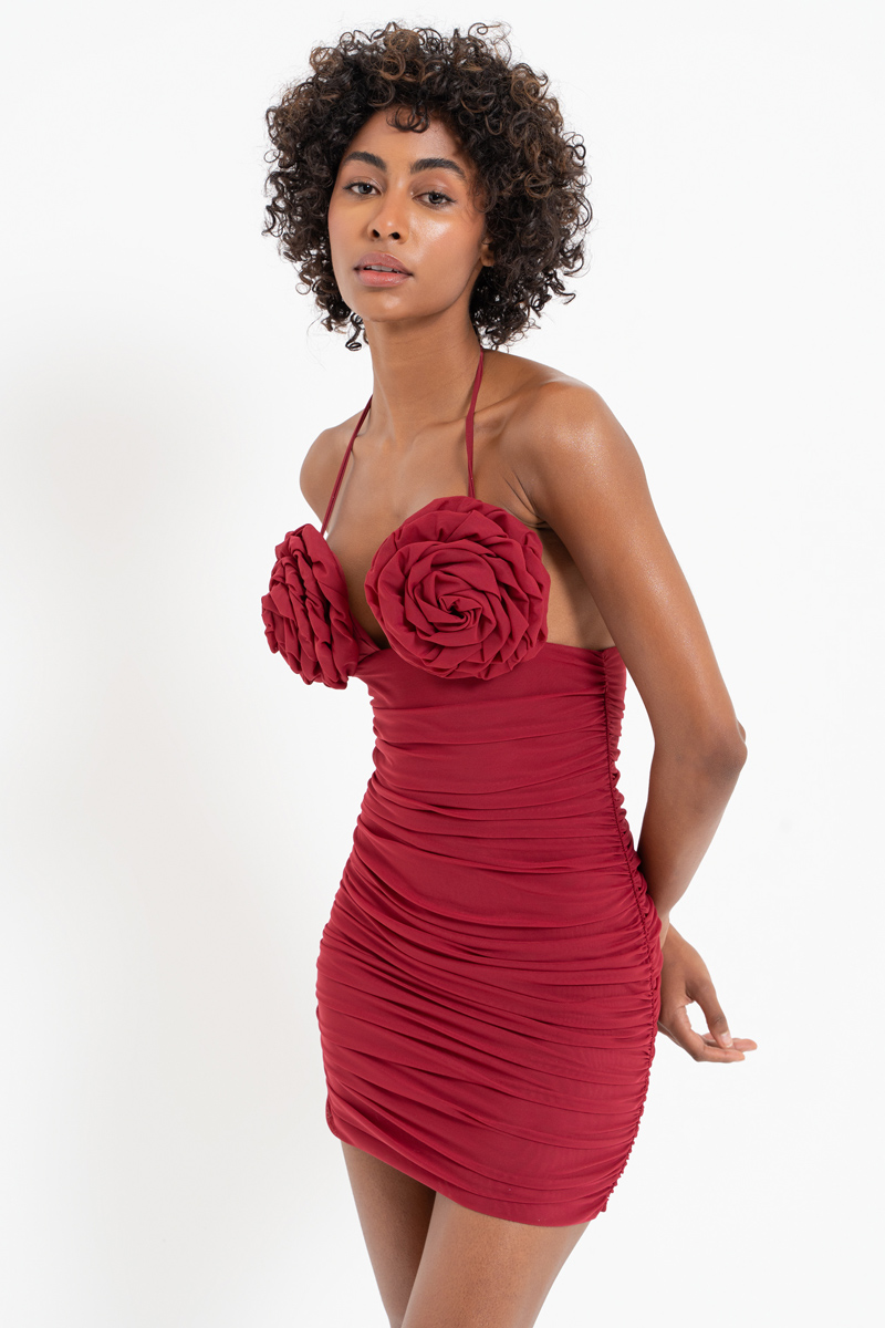 Bordeaux Rose-Accent Halter Dress