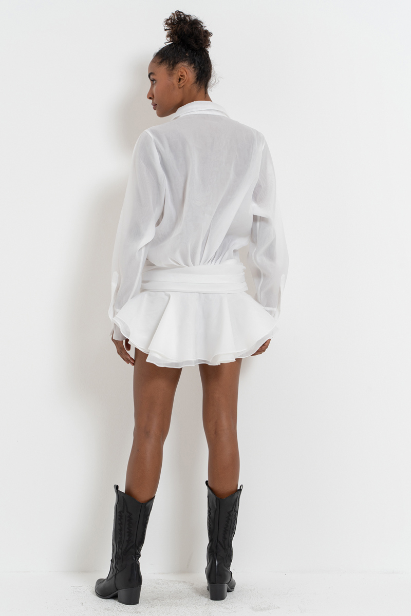 Offwhite Shirt-Collar Organza Mini Dress