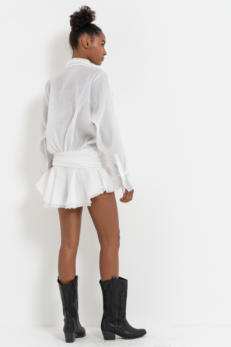 Offwhite Shirt-Collar Organza Mini Dress