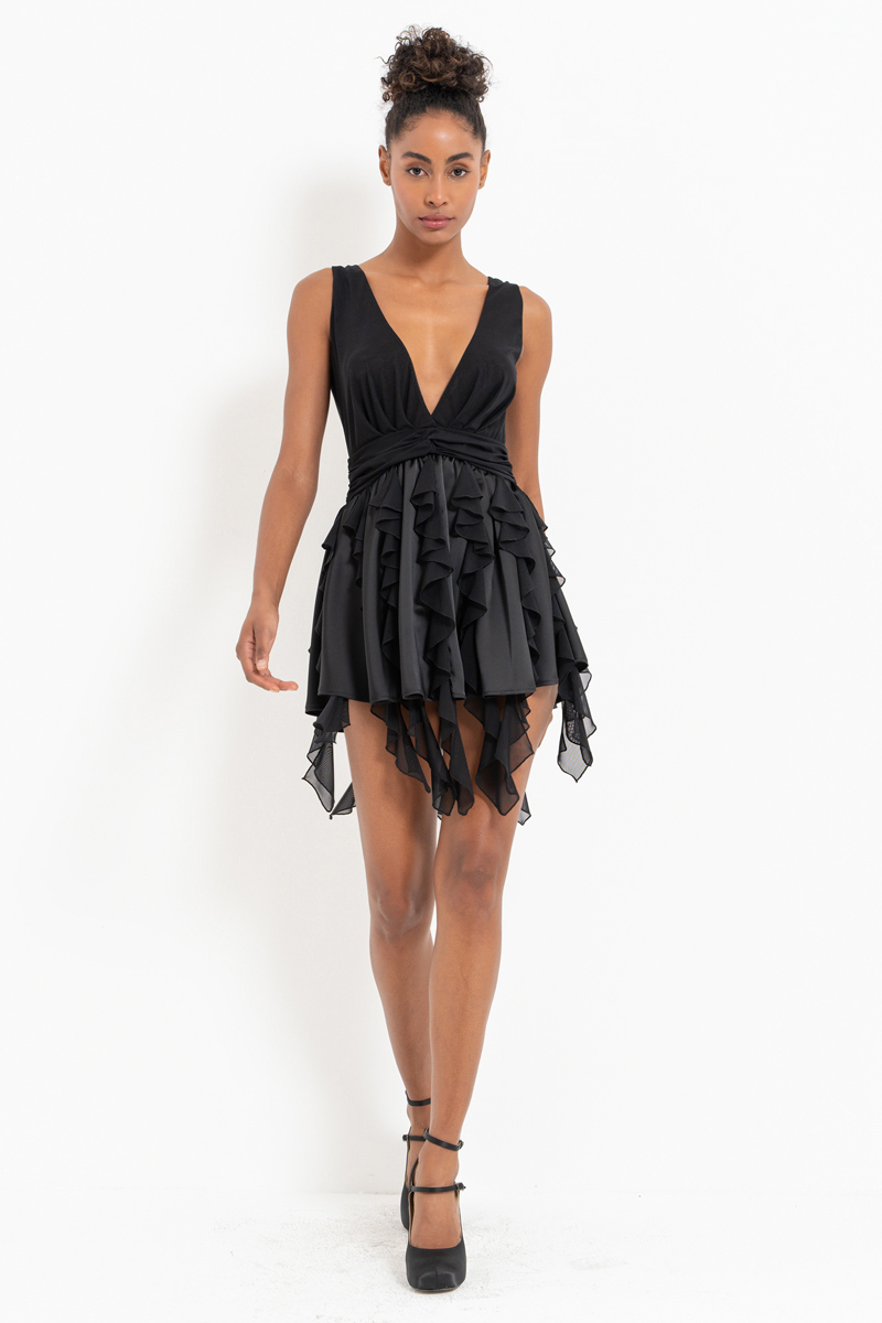 Black V-Neck Sleeveless Ruffle Dress