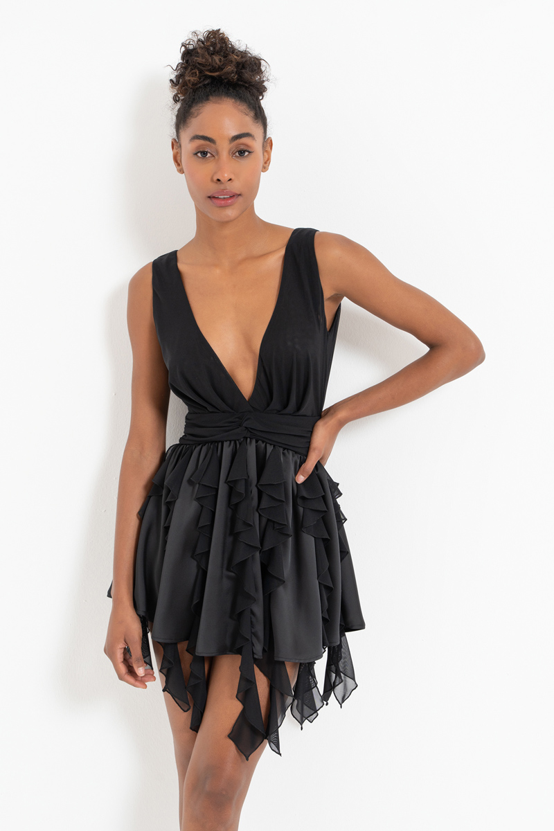 Black V-Neck Sleeveless Ruffle Dress