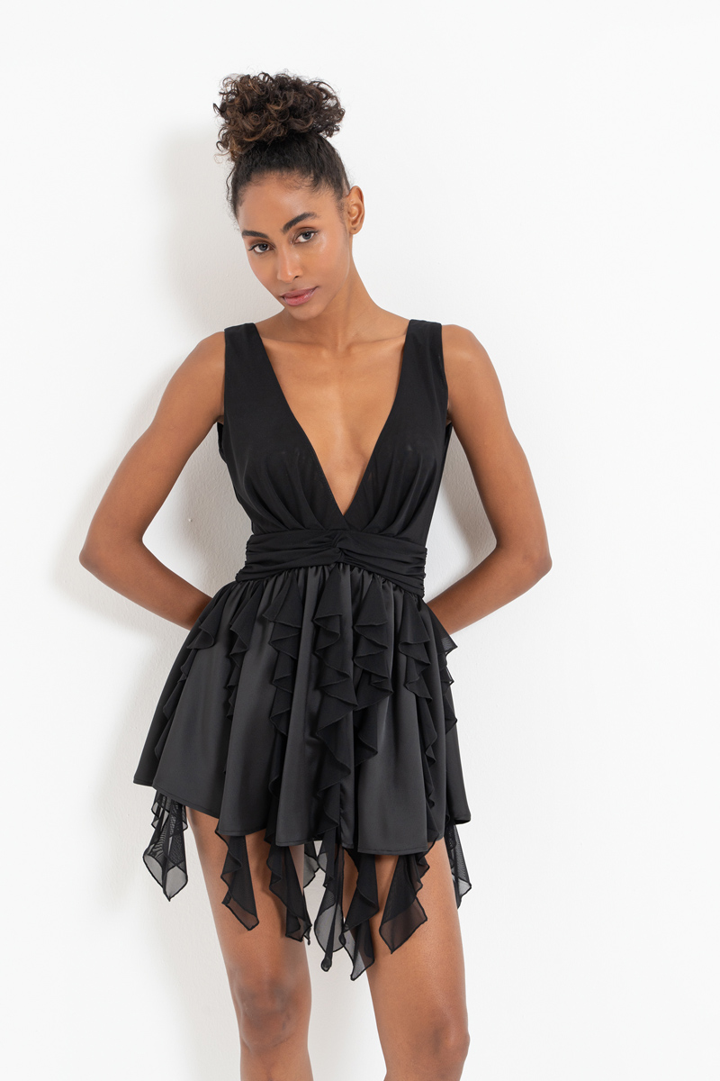 Black V-Neck Sleeveless Ruffle Dress