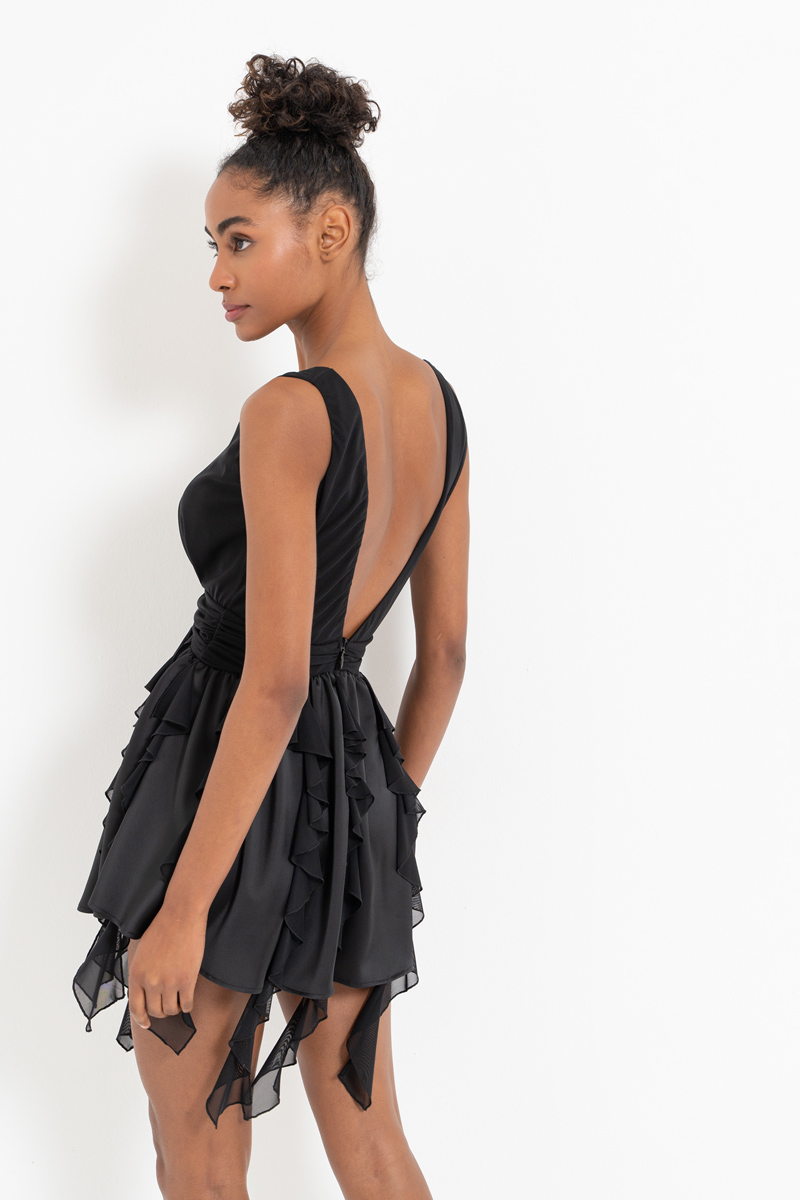 Black V-Neck Sleeveless Ruffle Dress