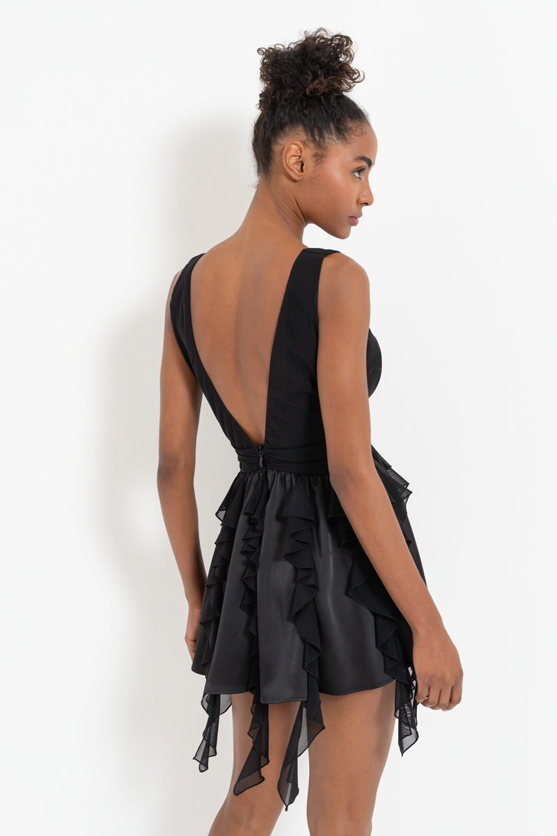 Black V-Neck Sleeveless Ruffle Dress