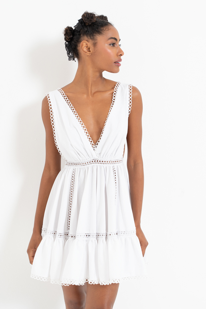 Offwhite V-Neck Sleeveless Poplin Mini Dress