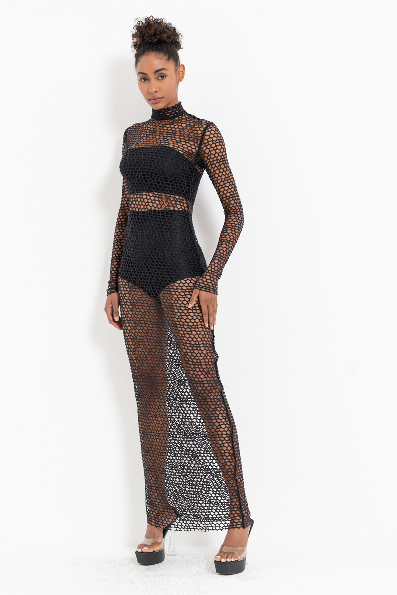 Wholesale Sheer Black Mock-Neck Maxi Net Dress