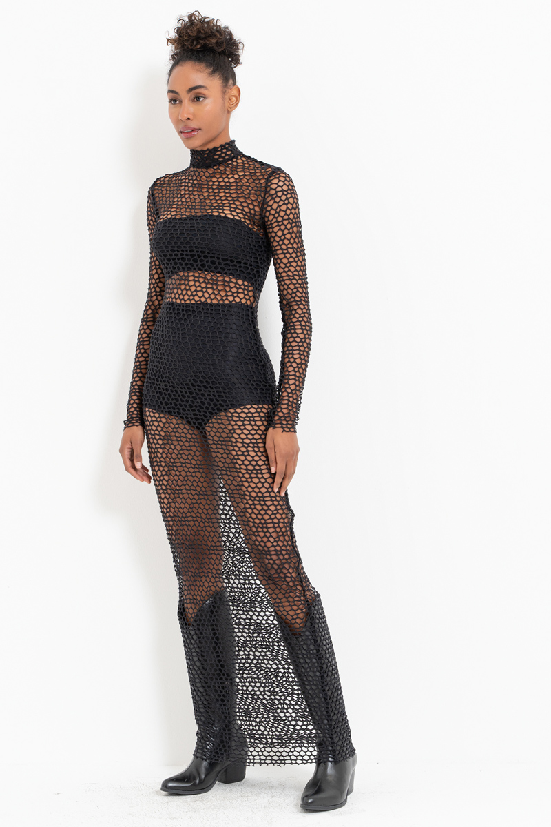 Wholesale Sheer Black Mock-Neck Maxi Net Dress