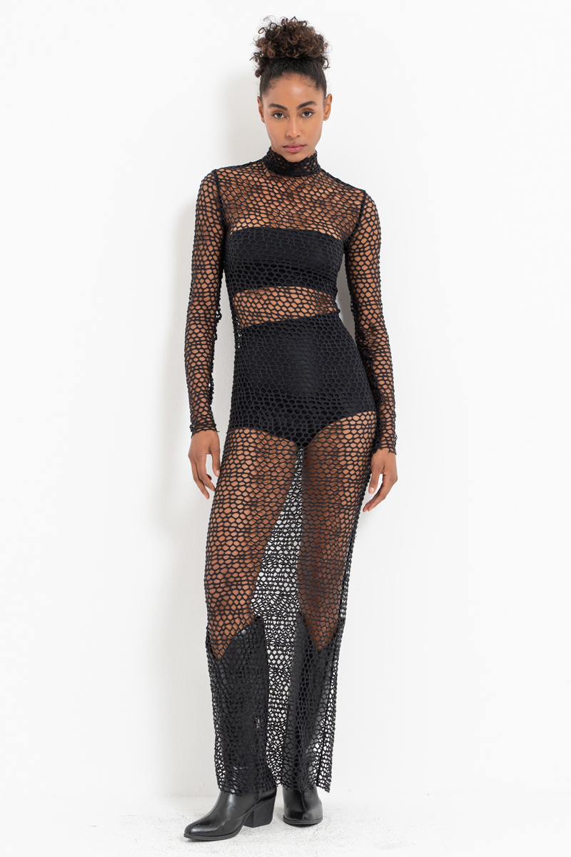Sheer Black Mock-Neck Maxi Net Dress
