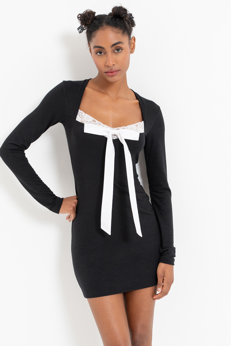 Wholesale Black-Offwhite Long-Sleeve Bow-Accent Dress