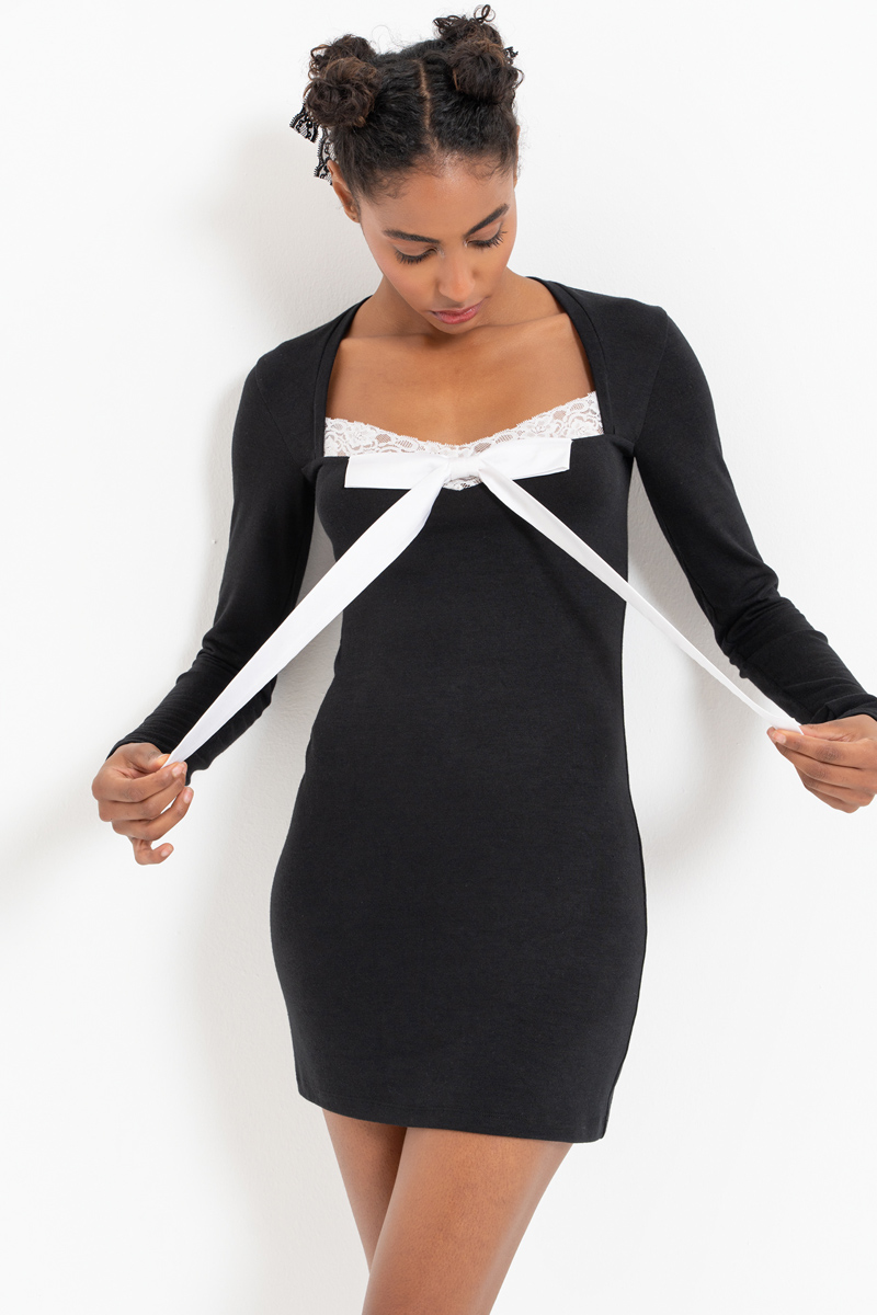 Toptan Siyah-Kirli Beyaz Fiyonk Detaylı Uzun Kol Elbise