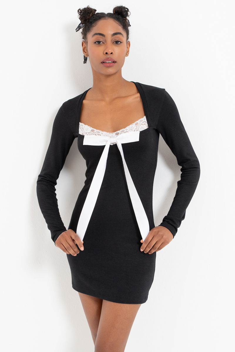 Black-Offwhite Long-Sleeve Bow-Accent Dress