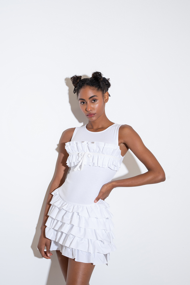 Offwhite Crisscross-Back Ruffle-Trim Mini Dress