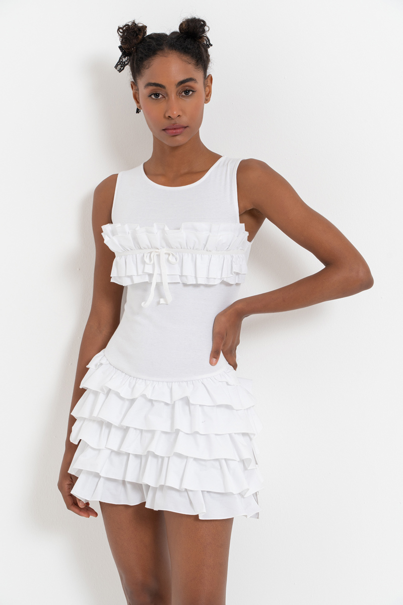 Offwhite Crisscross-Back Ruffle-Trim Mini Dress