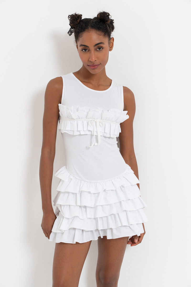 Offwhite Crisscross-Back Ruffle-Trim Mini Dress