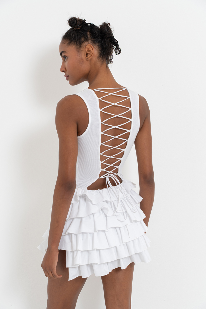 Offwhite Crisscross-Back Ruffle-Trim Mini Dress