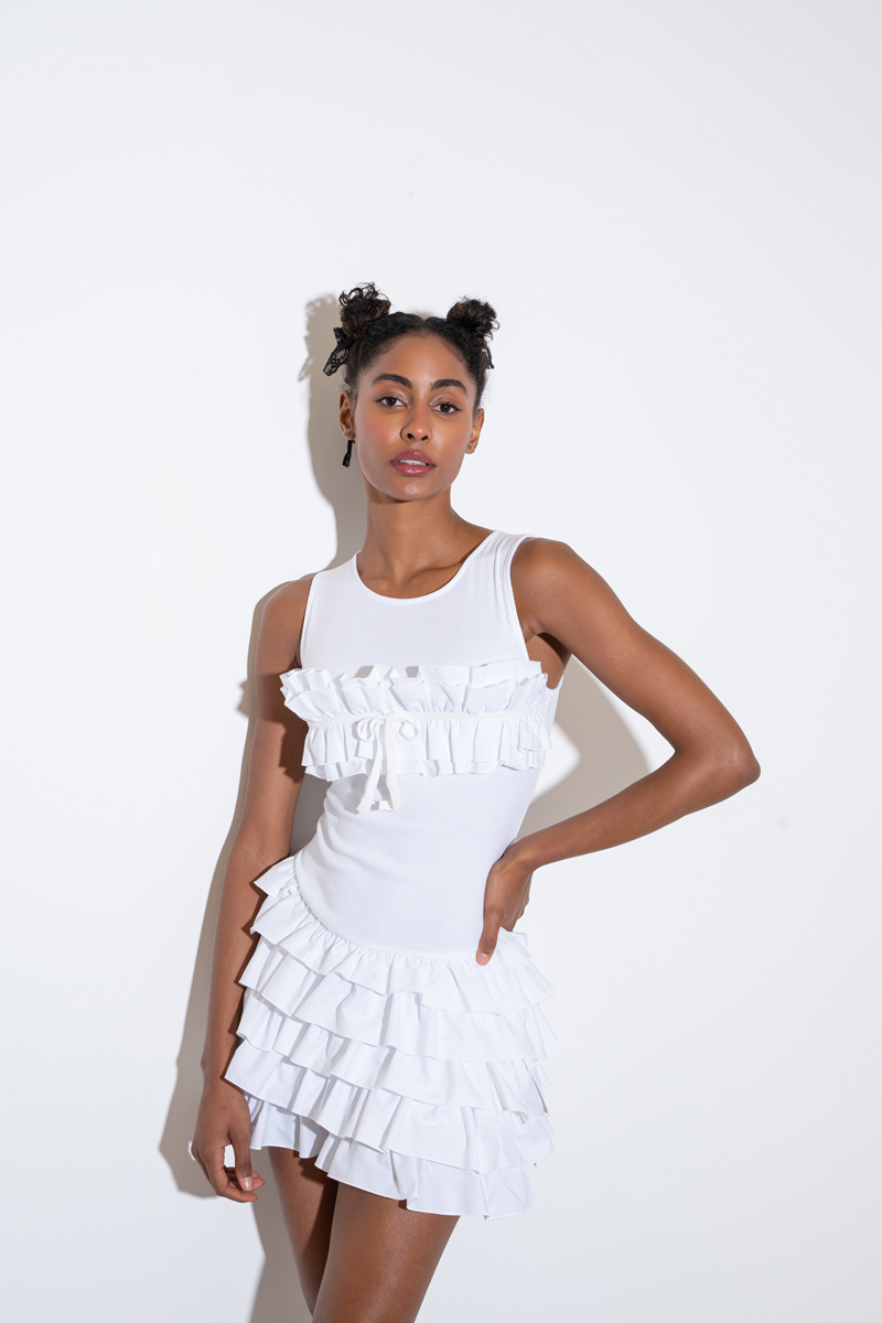 Offwhite Crisscross-Back Ruffle-Trim Mini Dress