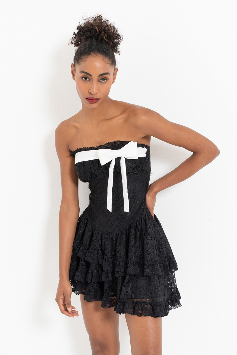 Black Bow-Accent Lace Dress