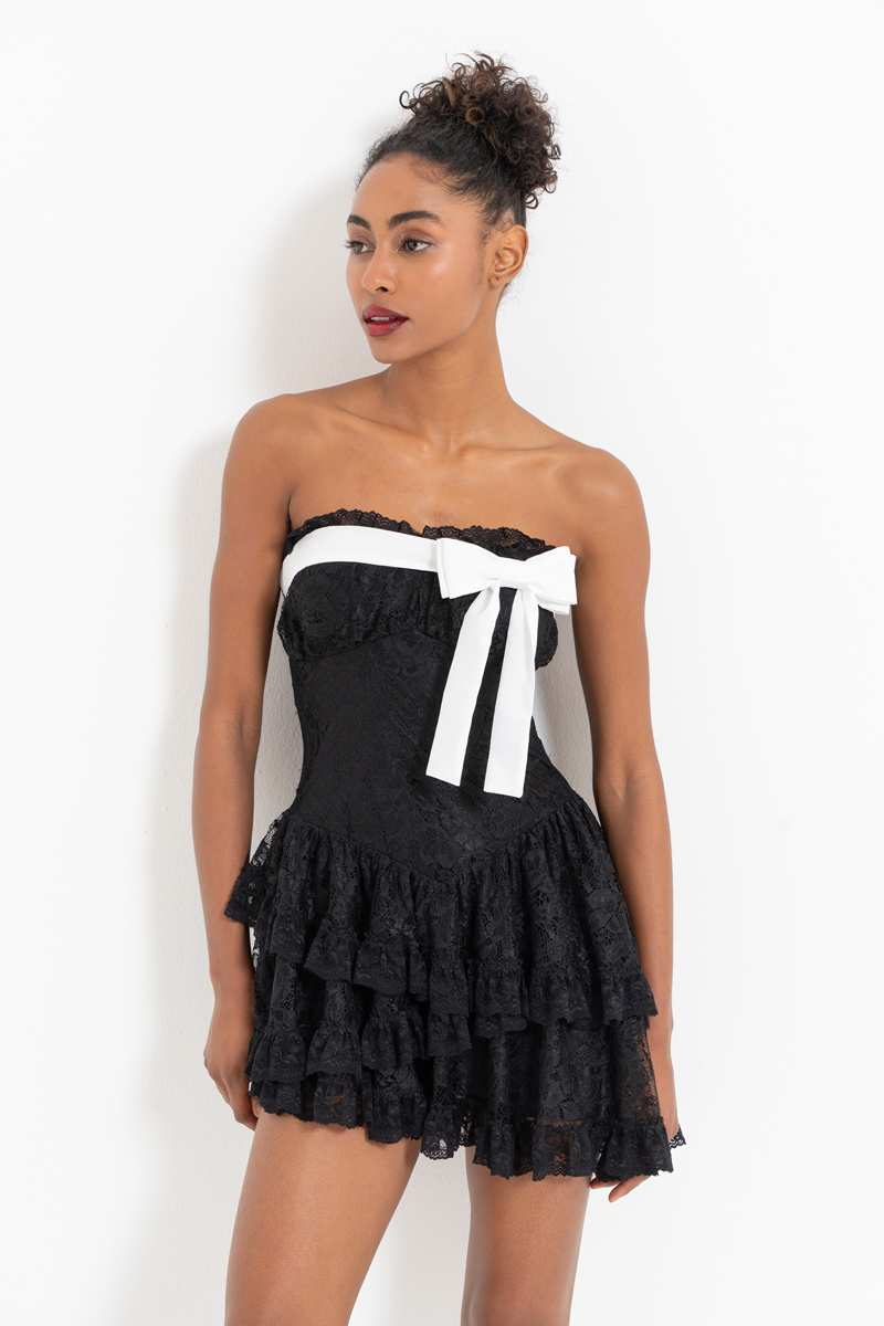 Black Bow-Accent Lace Dress