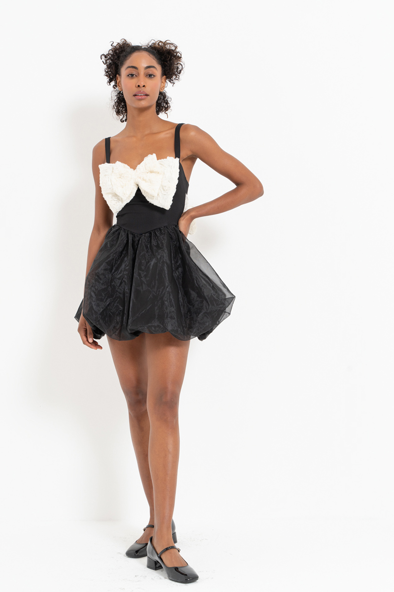 Black-Offwhite Bow-Accent Cami Mini Dress