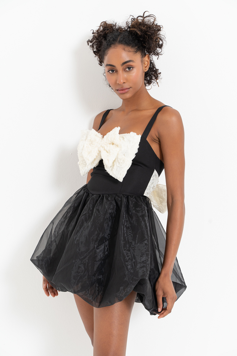 Black-Offwhite Bow-Accent Cami Mini Dress