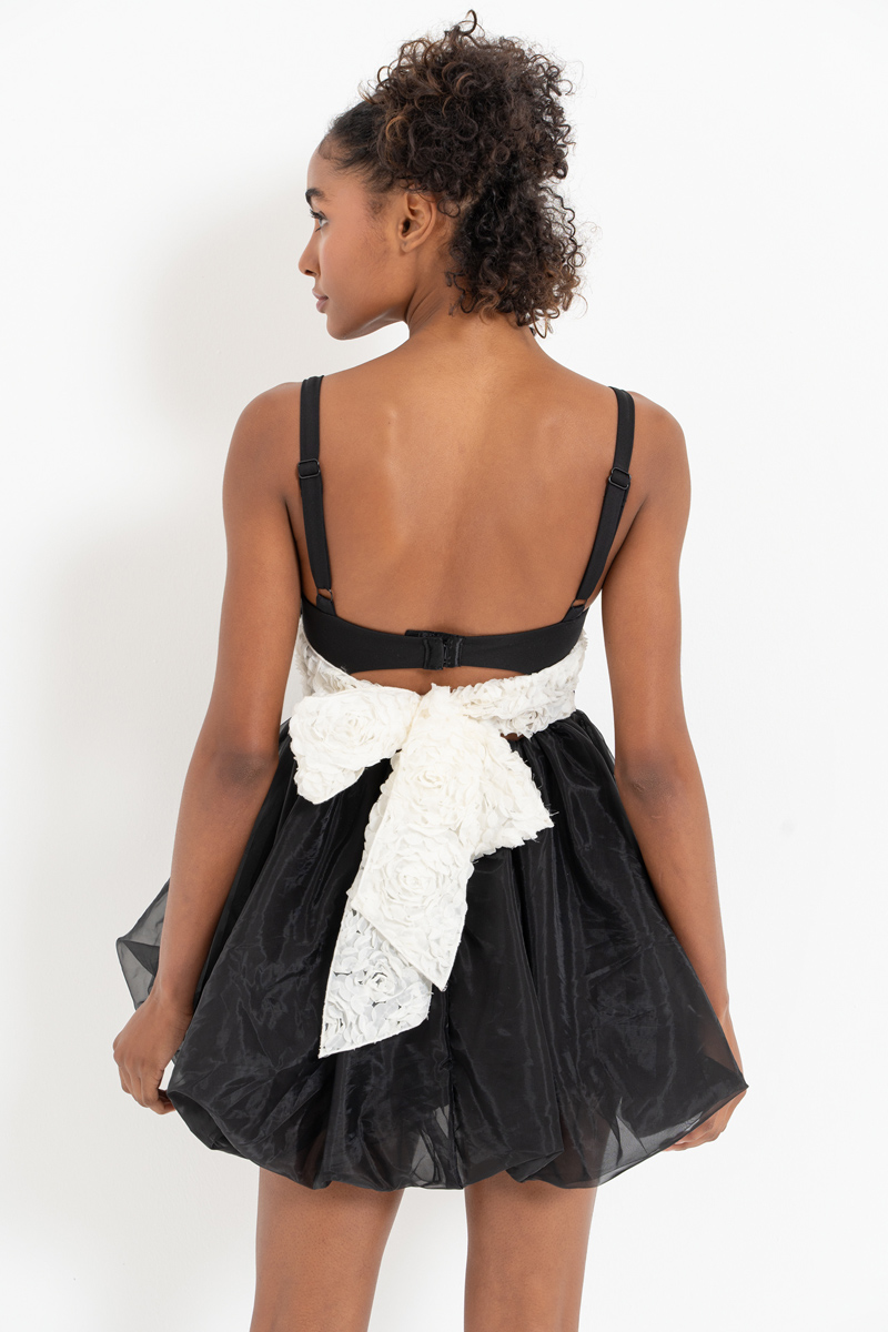 Black-Offwhite Bow-Accent Cami Mini Dress