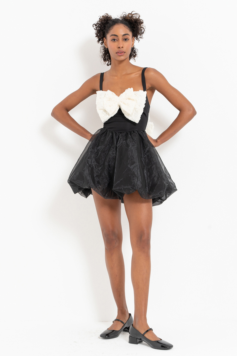 Black-Offwhite Bow-Accent Cami Mini Dress