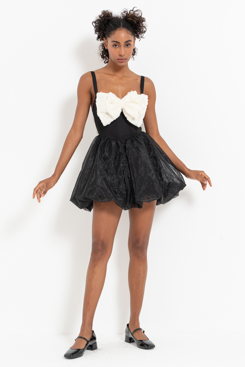 Black-Offwhite Bow-Accent Cami Mini Dress