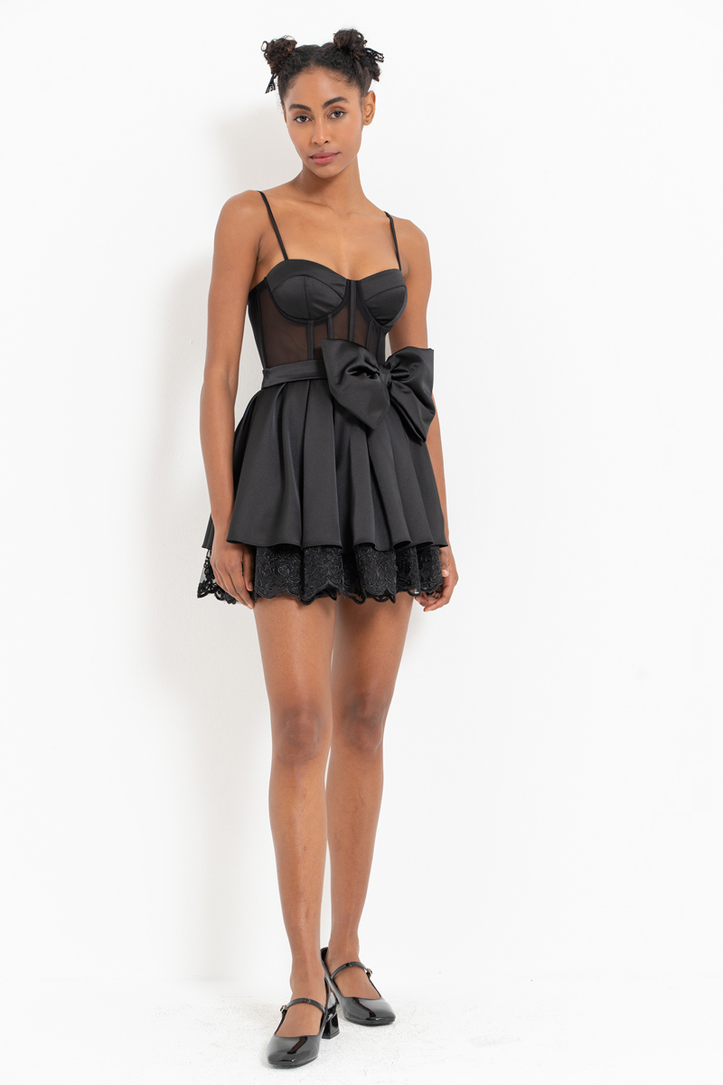 Black Bow-Accent Satin Mini Dress