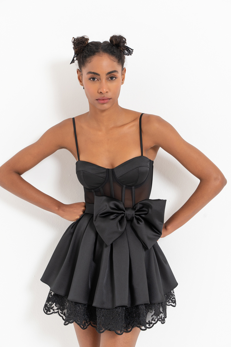 Black Bow-Accent Satin Mini Dress