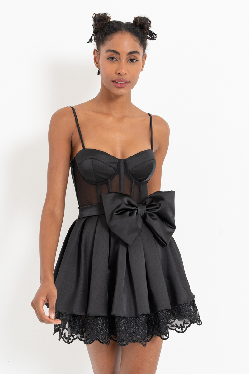 Black Bow-Accent Satin Mini Dress