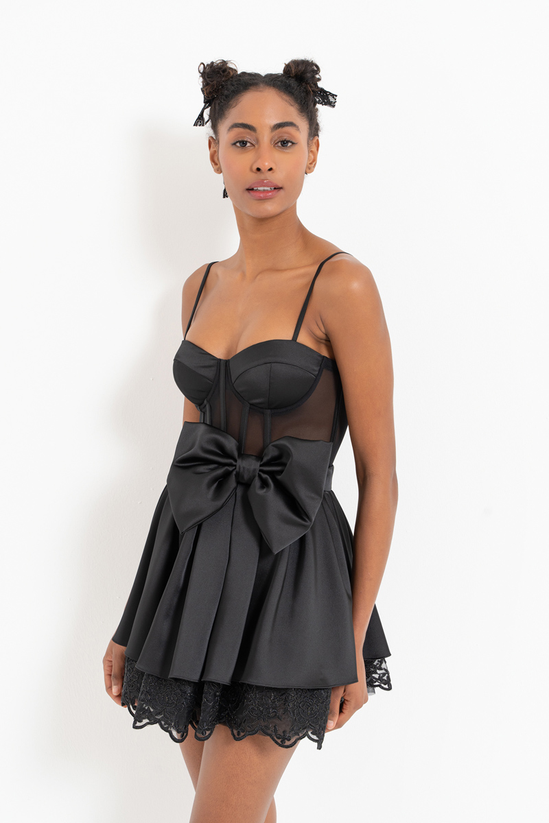 Black Bow-Accent Satin Mini Dress