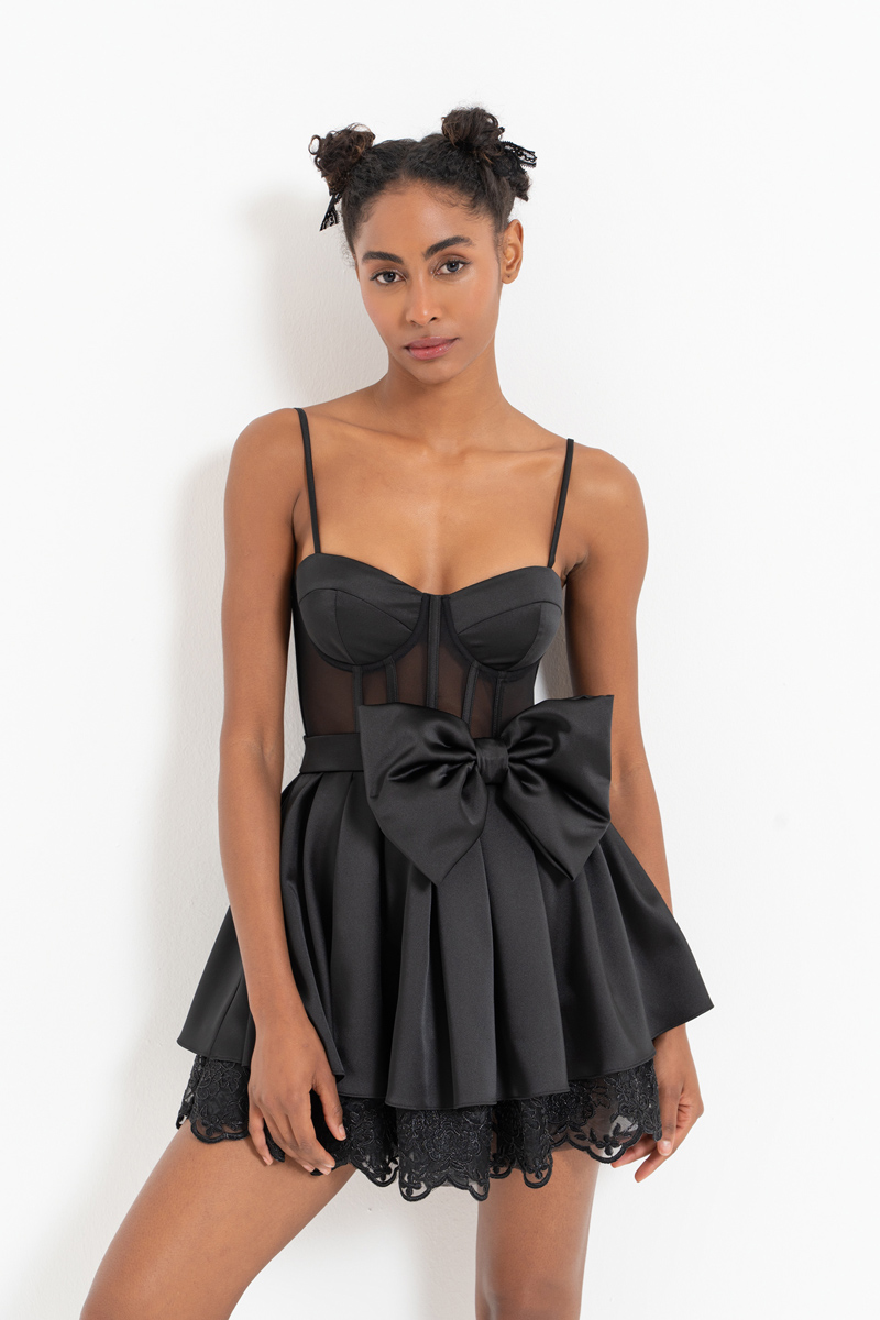 Black Bow-Accent Satin Mini Dress