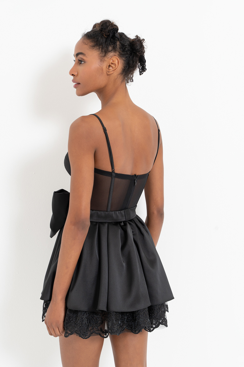 Black Bow-Accent Satin Mini Dress