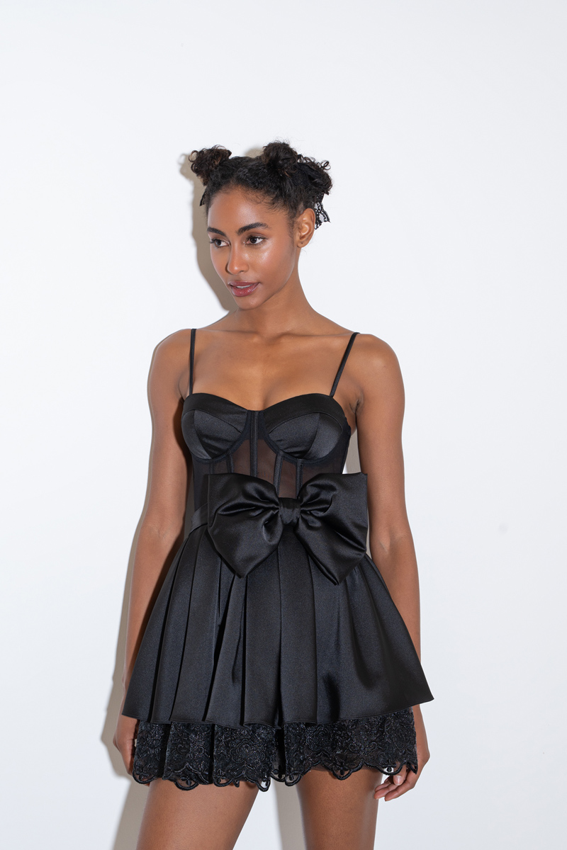 Black Bow-Accent Satin Mini Dress