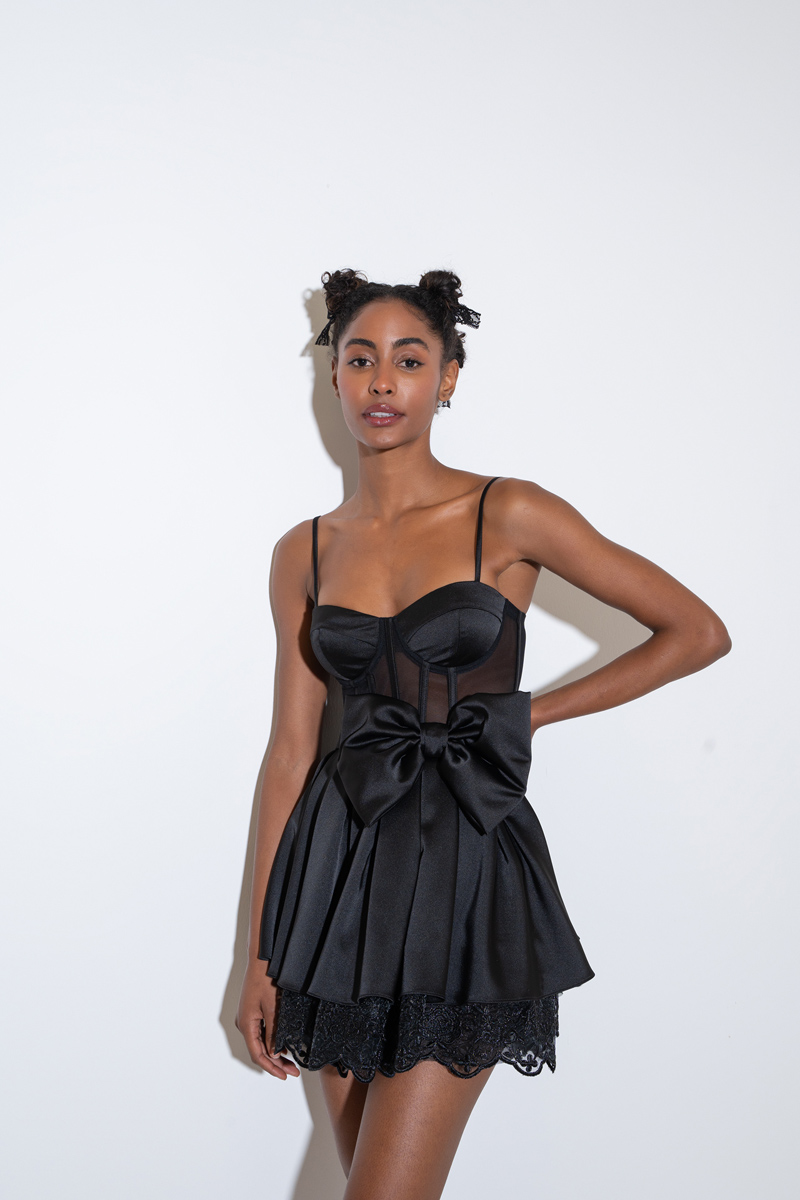 Black Bow-Accent Satin Mini Dress