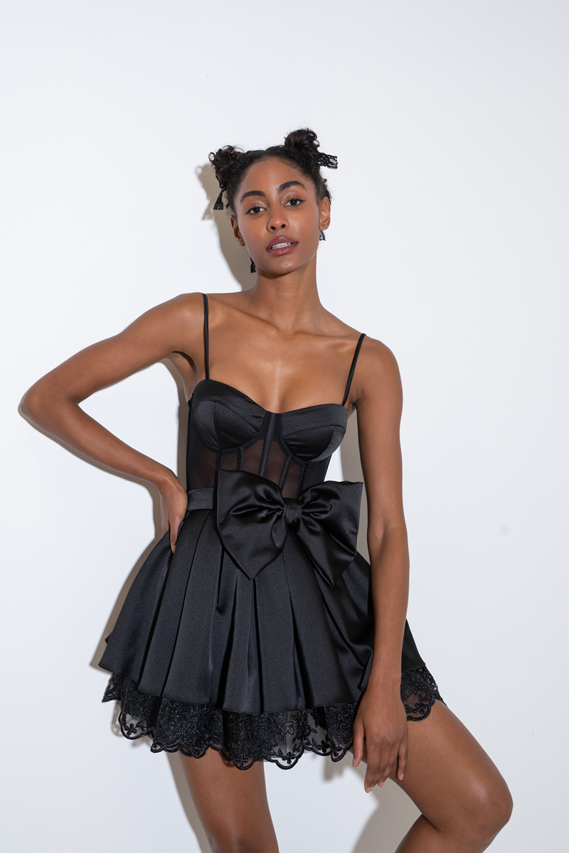 Black Bow-Accent Satin Mini Dress