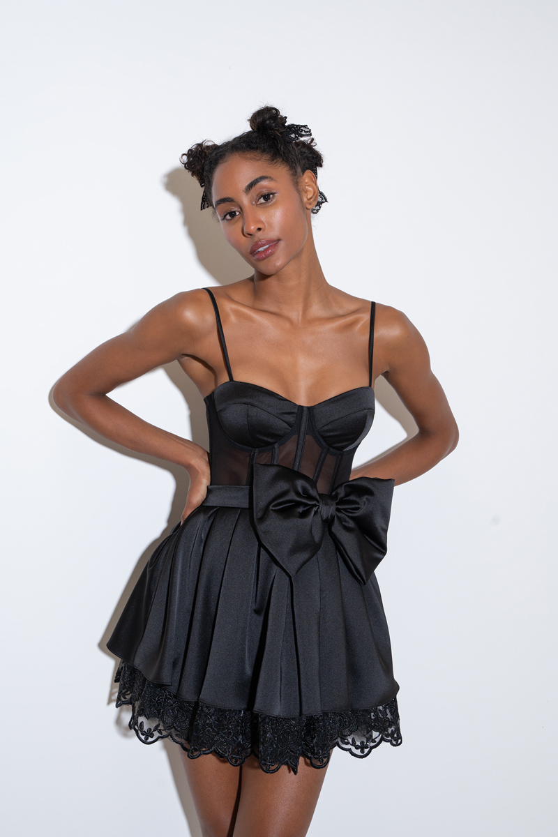 Black Bow-Accent Satin Mini Dress