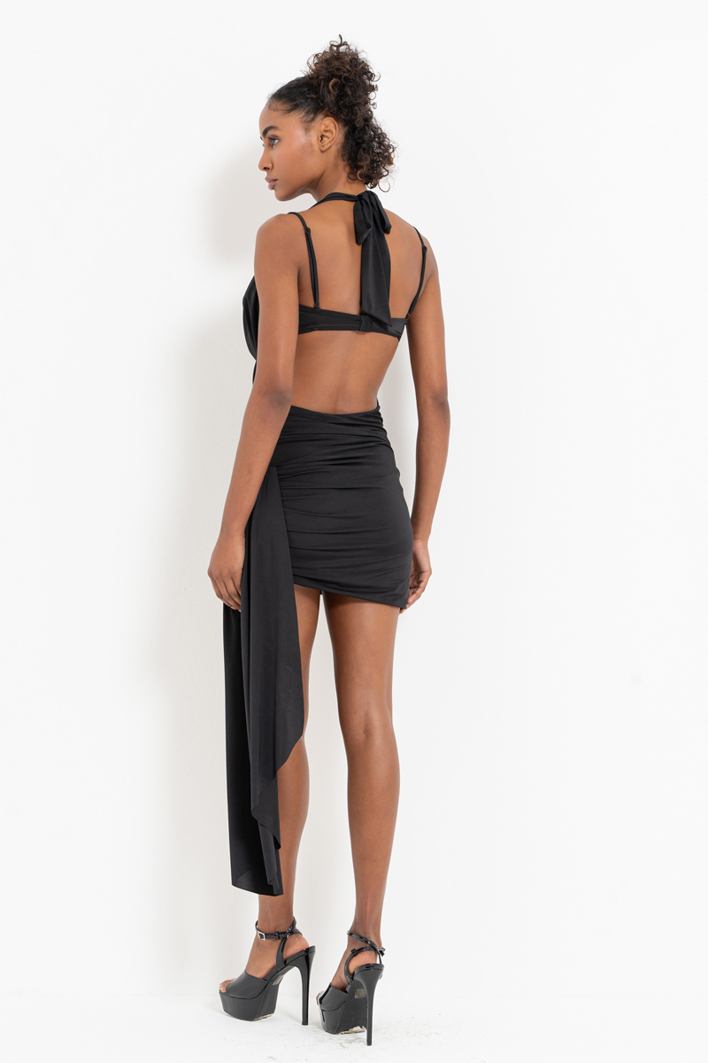 Black Cowl-Neck Dress with Bustier