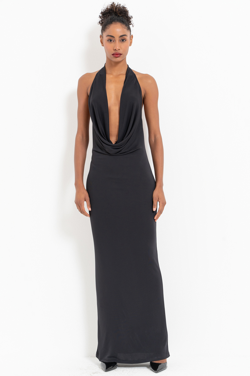 Black Cowl-Neck Backless Maxi Dress