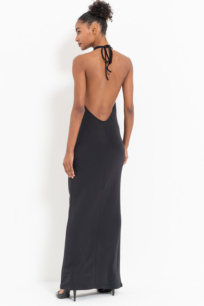 Black Cowl-Neck Backless Maxi Dress