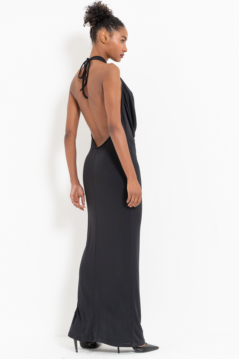 Black Cowl-Neck Backless Maxi Dress