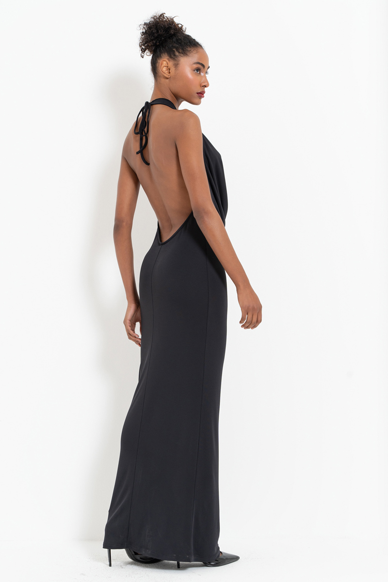 Black Cowl-Neck Backless Maxi Dress